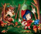 Kırmızı Başlıklı Kız ormanda ağaçların arasında gizlenmiş kurt ile